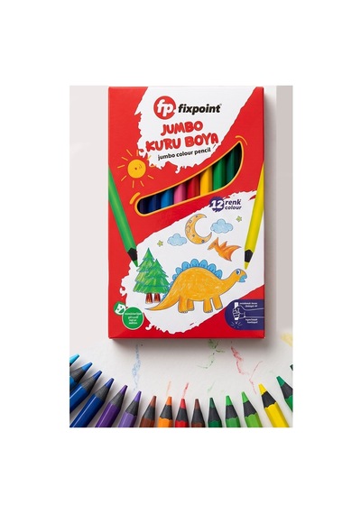 12 Li Jumbo Kuru Boya Kalemi Karton Kutu 1 Paket Fixpoint Kalın 12 Renk Jumbo Kuruboya Tam Boy Renkli Kalem Çok Renkli