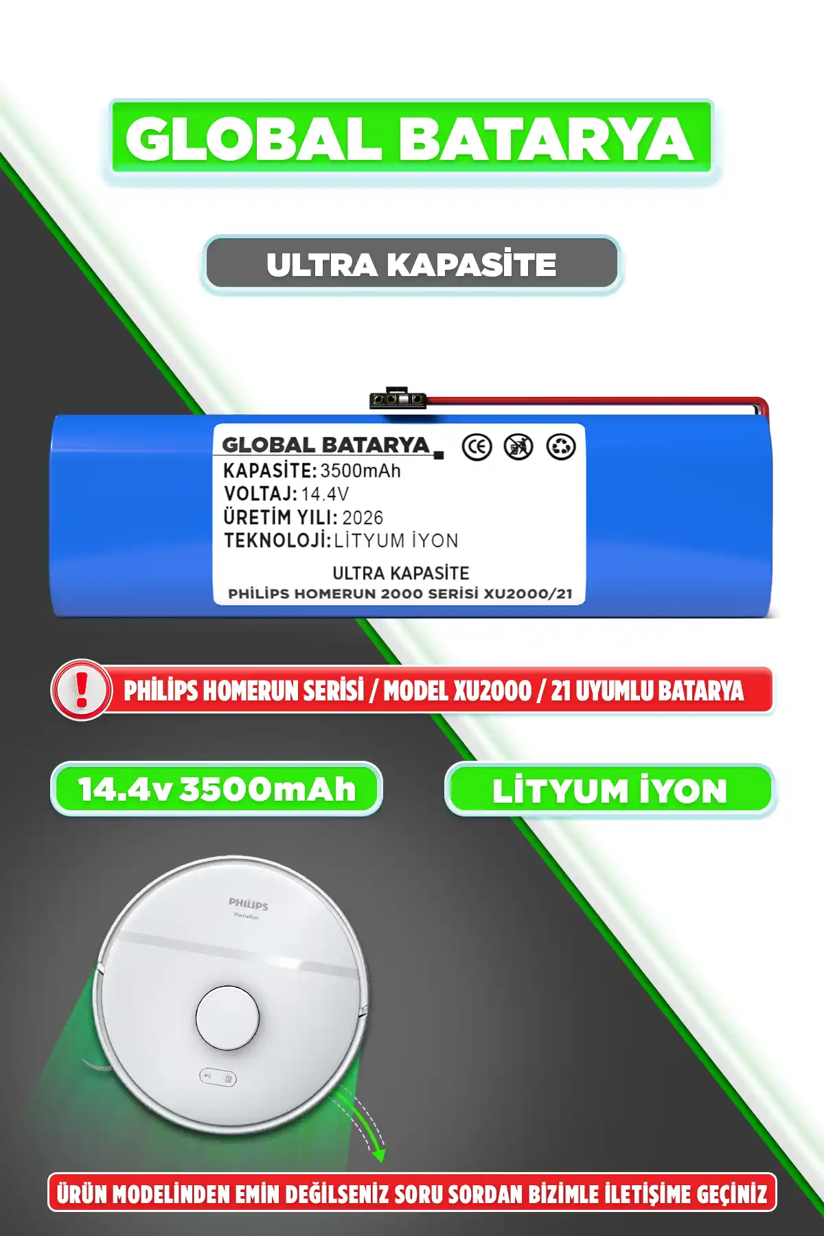 Philips Homerun 2000 Serisi Xu2000/21 Uyumlu Batarya 14.4v 3500mah Li-ion Pil Ultra Kapasite