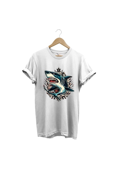 Köpek Balığı Baskılı Deniz Kum Güneş Shark Baskılı Regular Fit %100 Pamuk Beyaz T-shirt Beyaz