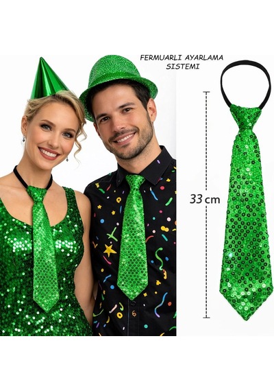 Yeşil Renk Pul Payetli Işıltılı Parti Kravatı 33 Cm +3