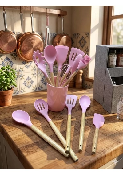 Mey İthalat 12 Parça Bambu Saplı Silikon Mutfak Gereçleri Seti - Pembe Mutfak Servis Seti Çok Renkli