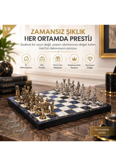 Lüks Metal Satranç Takımı Osmanlı Bizans Figürlü Krom Mavi Mermer Desenli 20x20 Premium Hediye Seti