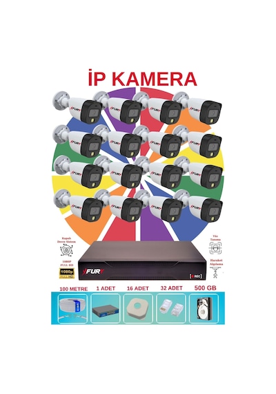 Fury 16 Lı Ip Güvenlik Kamera Seti Sesli 4mp Gece Renkli Su Geçirmez 5515s 500gb