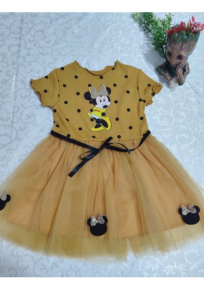 Veraura Lifestyle 2-3-4 Yaş Puantiyeli Mickey Baskılı Kurdela Kuşaklı Astarlı Kız Bebek Tütü Elbisesi Hardal