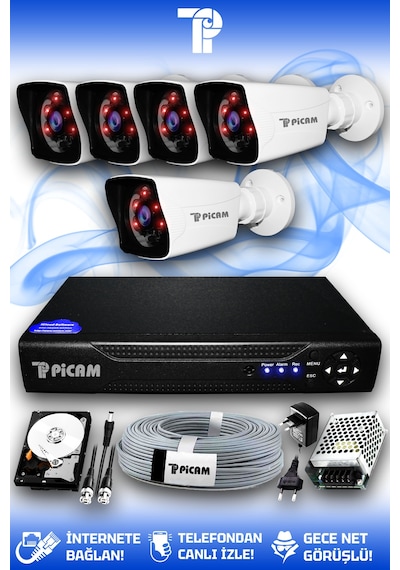 Picam 5 Kameralı Kare 5 Dış Kamera Set 320 GB HDD Full HD Gece Görüşlü Güvenlik Kamerası Sistemi