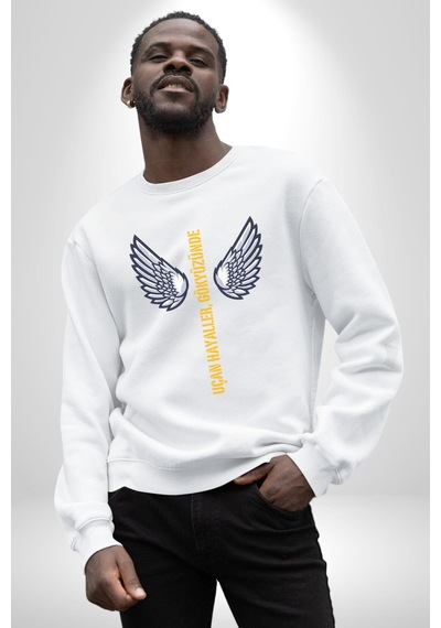 Uçan Hayaller Gökyüzünde Melek Kanatları Unisex Beyaz Sweatshirt Beyaz