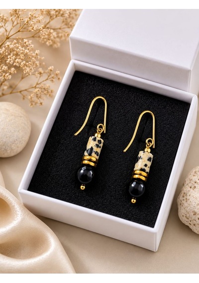 Dalmaçyalı Jasper Ve Oniks Taşı Sallantılı Çelik Küpe Doğaltaş Küpe Siyah - Gold