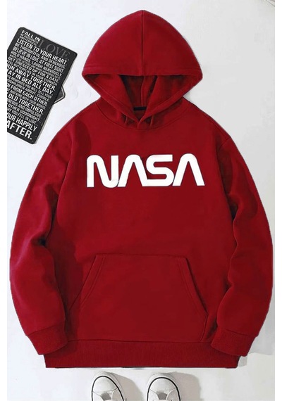 Medinenur Unisex Nasa Baskılı Kapüşonlu Sweatshirt Kırmızı