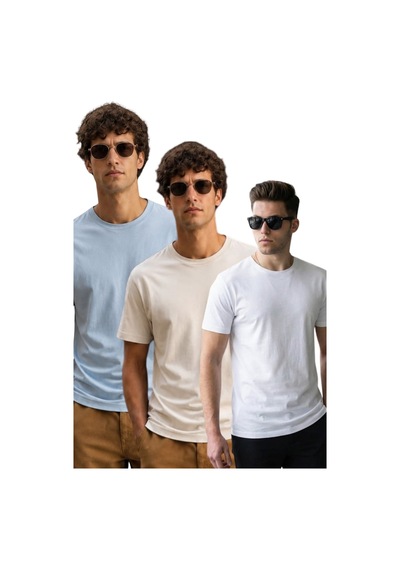 Madmext Mavi/bej/beyaz Bisiklet Yaka Regular Fit 3'lü Set Erkek Tişört E7508