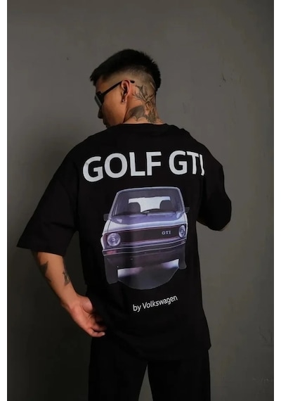 Vexor Erkek Oversize Baskılı Tişört Golf Gtı Retro Araba Desenli, Ön - Arka Dijital Baskı, Sokak M Siyah