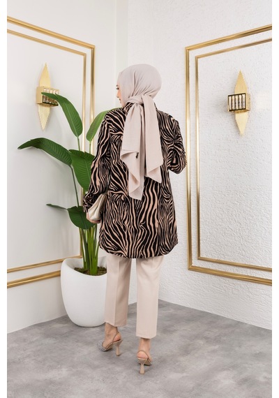 Hira Life Fashion Kadın Tesettür Giyim Ve Spor Giyime Uygun Düğme Detaylı Şık Desenli Dokuma Viskon Gömlek-tunik Vizon 2 Vizon 2