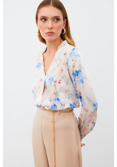 Sateen Desenli Kruvaze Bluz - Mavi-135215 Mavi