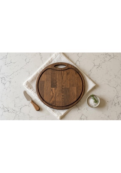 Fam Wood Art Ahşap Yuvarlak Saplı Kesme Tahtası Pizza Tabağı Sunumluk Kahverengi