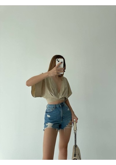 Fashion Cocktail Kısa Kol V-yaka Keten Sırt Bağlama Mini Karın Dekolteli Yazlık Kombin Crop Bluz Krem Fashion Cocktail Kısa Kol V-yaka Keten Sırt Bağlama Mini Karın Dekolteli Yazlık Kombin Crop Bluz Krem