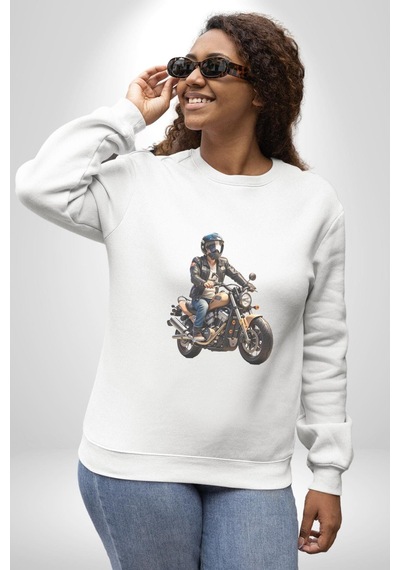 Kask Motorsiklet Dünya Turu Unisex Beyaz Baskılı Sweatshirt Beyaz