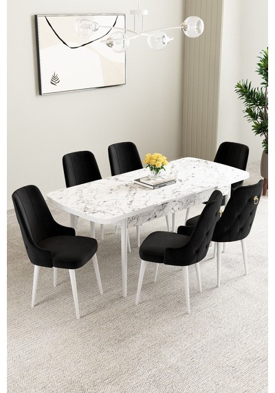 Clara Beyaz Mermer Desen 80x132 Açılabilir Mdf Masa Yemek Odası Takımı,mutfak Takımı 6 Adet Sandalye Siyah Clara Beyaz Mermer Desen 80x132 Açılabilir Mdf Masa Yemek Odası Takımı,mutfak Takımı 6 Adet Sandalye Siyah