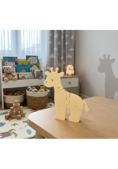 Ahşap Görünümlü Zürafa Figürlü Çocuk Yapbozu - Eğitici 3d Montessori Bebek Oyuncağı