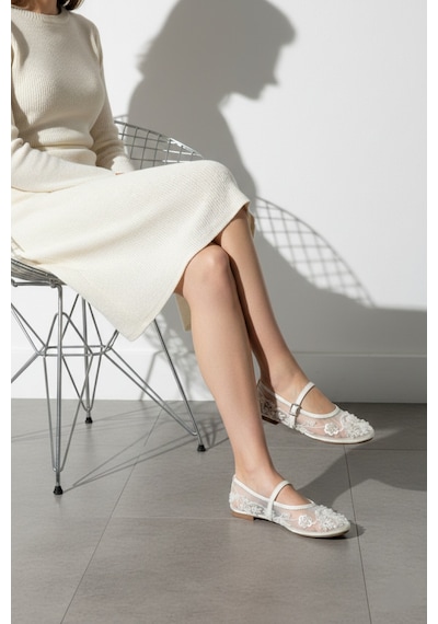 Fox Shoes Y726730115 Beyaz İnci Detaylı File Kadın Babet Beyaz