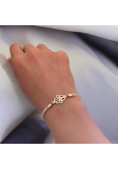 P Harfine Özel Hamsa Motifli 14 Ayar Altın Plakalı Hasır Kordonlu Hediye Bileklik-499harf P
