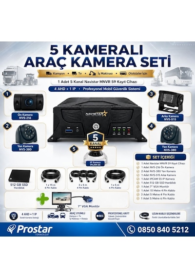 5 Kameralı Profesyonel Araç Kamera Seti 4 Ahd + 1 Ip Kamyon, Tır, Otobüs, İş Makinası Uyumlu