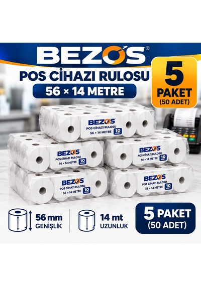 Termal Pos Cihazı Rulosu 56 Mm X 14 M - 50 Adet 5 Paket Yazar Kasa Slip Rulosu