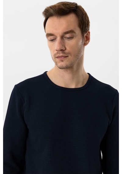 Süvari Lacivert Slim Fit Armürlü Bisiklet Yaka Triko Kazak-36350 Lacivert