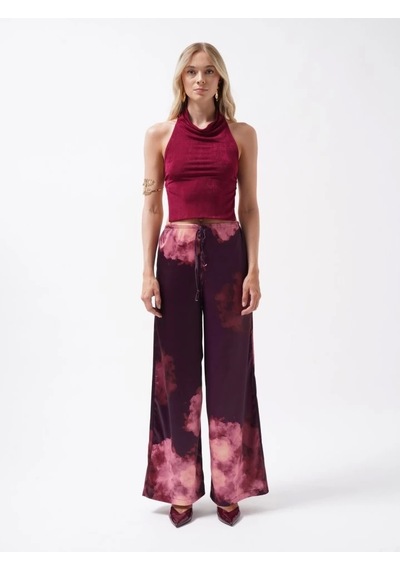 Defymoda Bel Lastikli Desenli Saten Pantolon Bordo