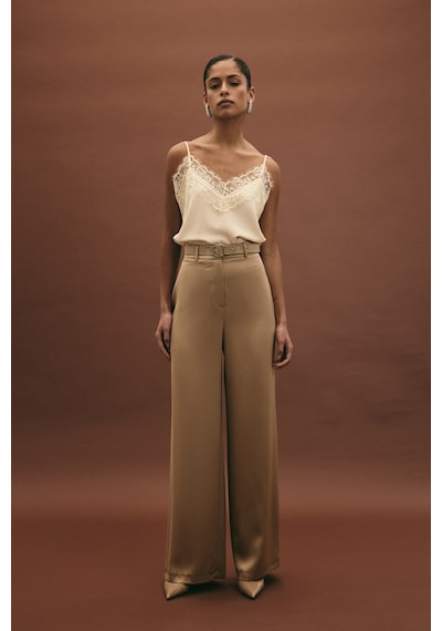 Sateen Kemer Detaylı Saten Pantolon - Vizon-136952 Vizon
