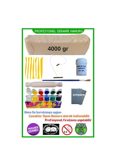 Seramik Hamuru 4000 Gr, 7li Plastik Ebeşuar Modelaj Seti , Kesme Teli-ipi, Guaj, Doğal Kil Çamuru