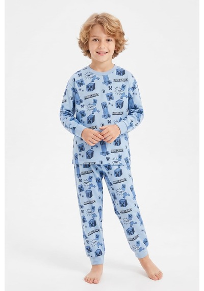 Bunny Hopp %100 Pamuk Süprem Erkek Çocuk Pijama Takımı Mavi Piksel Desenli Gamer Temalı Penye