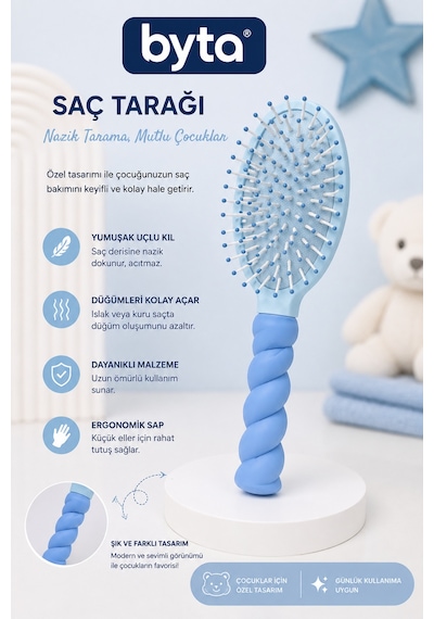 Çocuk Saç Tarağı Burgu Saplı, Yumuşak Uçlu Düğüm Açıcı Ergonomik Saç Fırçası Mavi