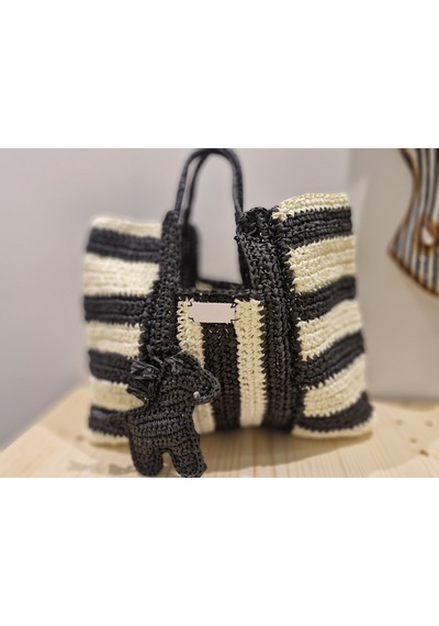Buva Zebra Rafya Omuz Çantası Siyah - Beyaz