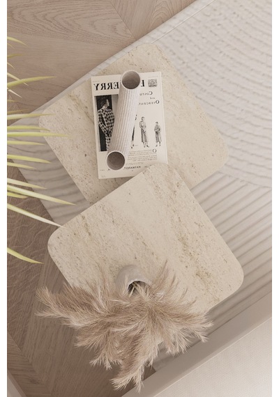 Kare Zigon Sehpa Takımı, 2 Li Set, Yan Sehpa - Traverten Desen