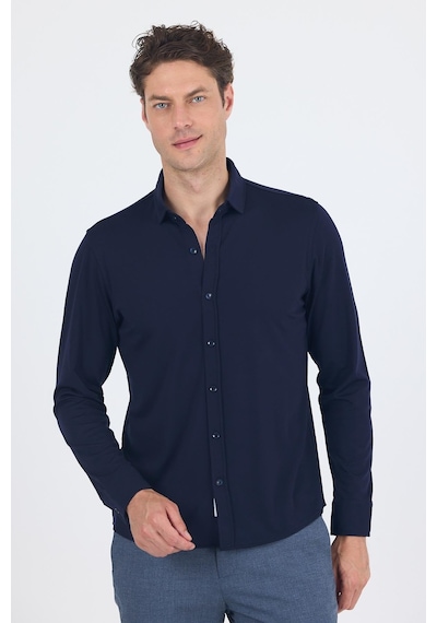 İmza Koyu Lacivert Uzun Kol Düz Örme Polo Yaka Cepsiz Esnek Classic Slim Fit Gömlek 1004250153 200 Koyu Lacivert