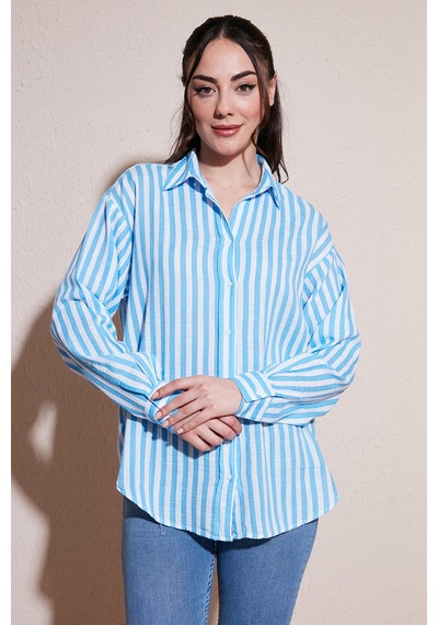 Fashion Friends Pamuklu Çizgili Oversize Uzun Kollu Gömlek Gömlek 26y0670k1 Mavi