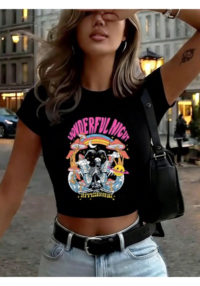 Noıssey Harika Gece İskelet Baskıları Babby Teet-shirt Yaz İnce O-yaka Üstler Yumuşak Kısa Kollu Ti Siyah