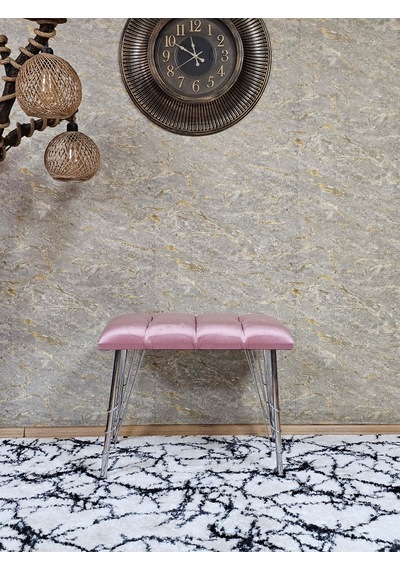 Zafir Metal Krom Tel Ayaklı 60 Cm Puf Bench - Puf - Bench - Oturak - Mutfak Oturağı - Antre Oturağı Pembe