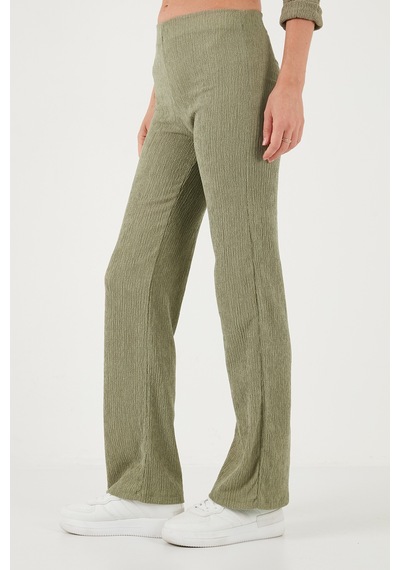 Lela Slim Fit Yüksek Bel Geniş Paça Dokulu Bayan Pantolon 5865944 Olive