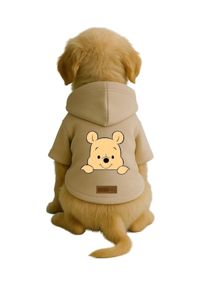 Baskılı İçi Polarlı Köpek Ve Kedi Kıyafeti & Elbisesi - Bej Renk Kapüşonlu Hoodie B693e, M