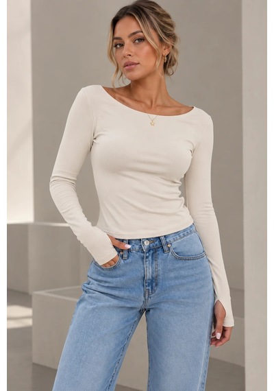 Bb Butik Basic Soft Touch Parmak Geçmeli Kayık Yaka Bluz Mdk35 Beyaz
