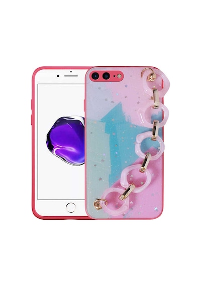 Apple Uyumlu iPhone 7 Plus Kılıf Simli Desenli El Askılı Tutacaklı Zore Elsa Silikon Kapak Pembe Koyu