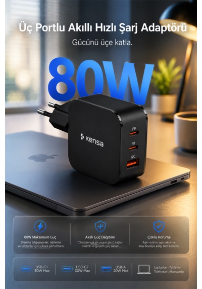 80w Üç Portlu Usb-c Girişli Akıllı Hızlı Şarj Adaptörü