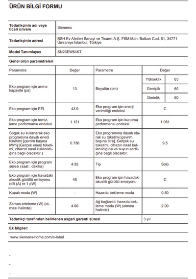 Siemens SN23EW64KT IQ300 13 Kişilik 6 Programlı Solo Bulaşık Makinesi