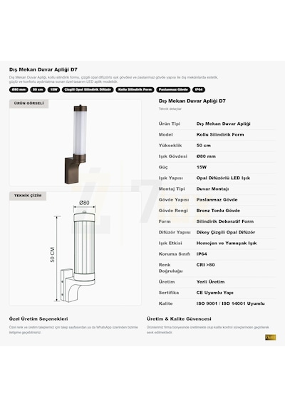 7lux Bronz Kollu Silindirik Dış Mekan Led Duvar Apliği Dekoratif Ip64 3000k