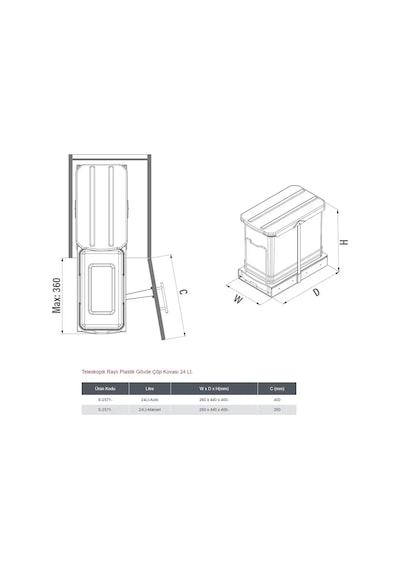 Starax Teleskopik Raylı Plastik Gövde Çöp Kovası Antrasit 24 Litre Modül 40cm S-2571-a
