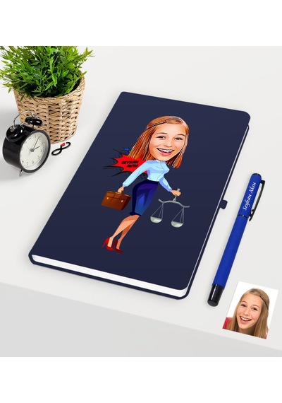 Kişiye Özel Bayan Avukat Karikatürlü Lacivert Defter Kalem Seti - N11.360