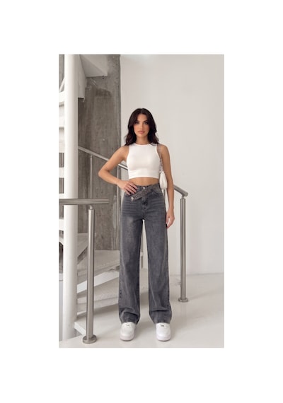 Kene Jeans Kemer Taş Detaylı Kar Siyah İşlemli Straight Jean Siyah