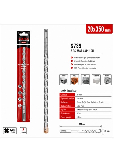 Sara S739 Sds Plus Matkap Ucu 20 X 350 Mm, 2 Kesicili Tungsten Karbür Uçlu