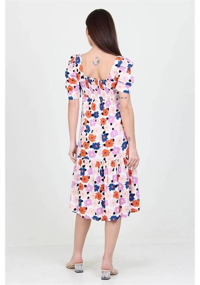 Neşeli Butik Kadın Pudra Kare Yaka Eteği Fırfırlı Çiçek Desenli Viskon Elbise Nb10026 Pudra
