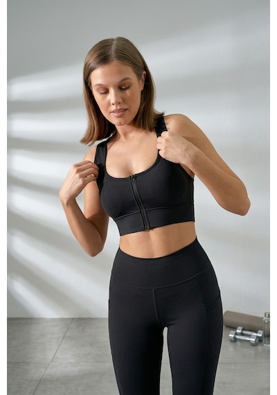 EMFURE Siyah Fermuarlı Spor Büstiyer - Sports Bra / Crop Destekli Spor Sütyeni Siyah